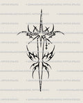 Celestial dagger tattoo stencil with star details and cyber tribal lines, modern celestial tattoo design.