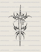 Celestial dagger tattoo stencil with star details and cyber tribal lines, modern celestial tattoo design.