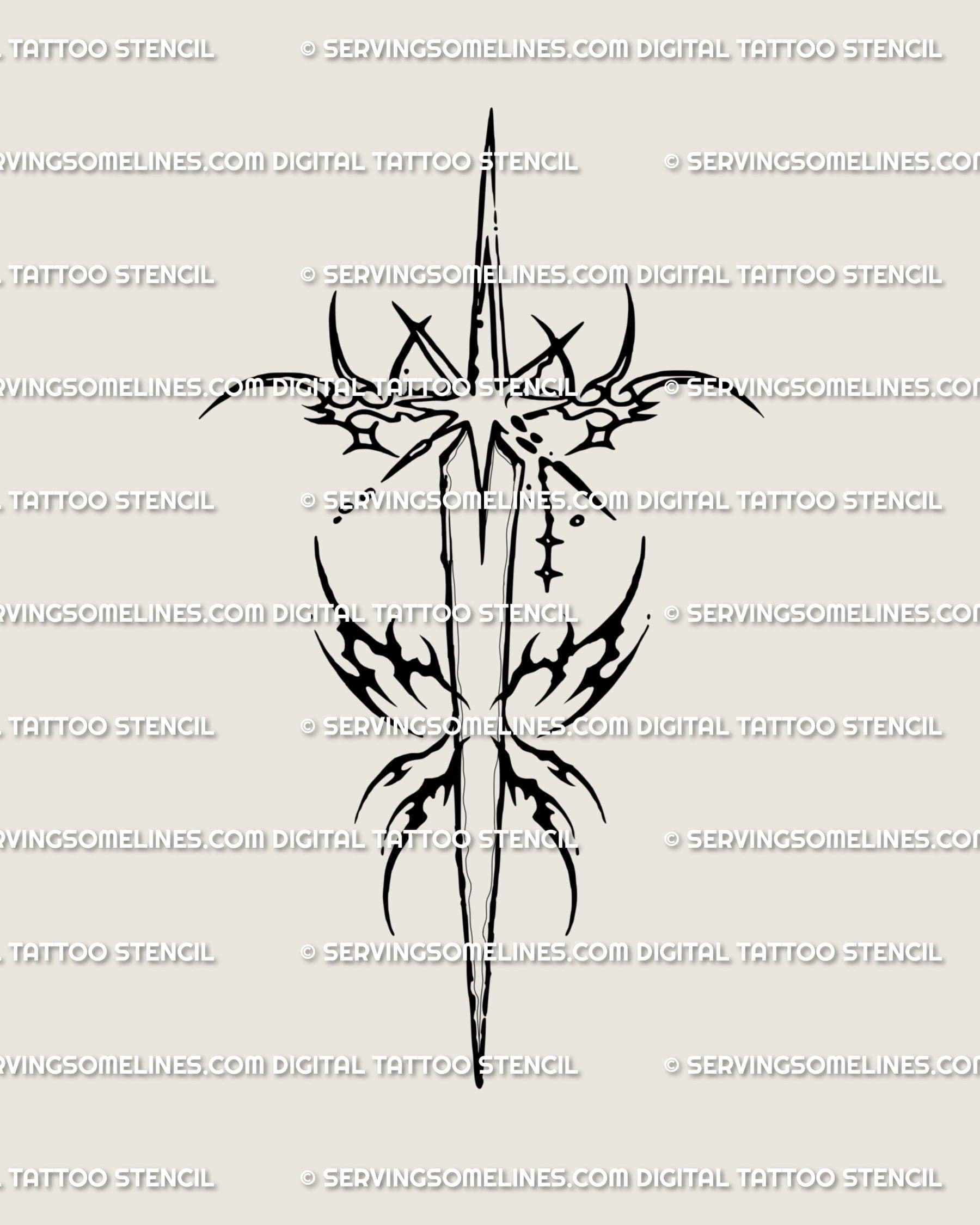 Celestial dagger tattoo stencil with star details and cyber tribal lines, modern celestial tattoo design.