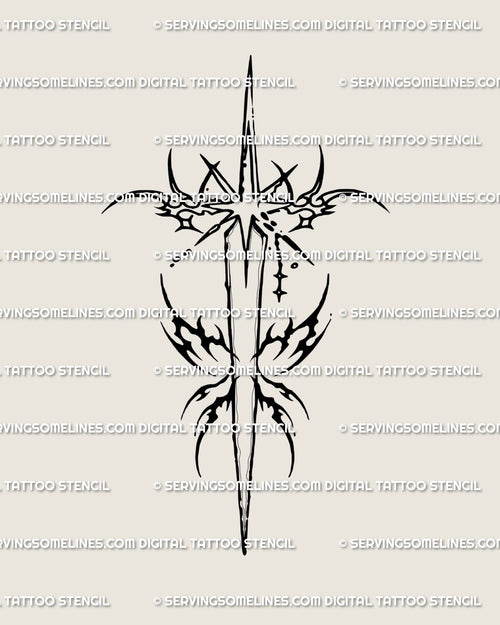 Celestial dagger tattoo stencil with star details and cyber tribal lines, modern celestial tattoo design.
