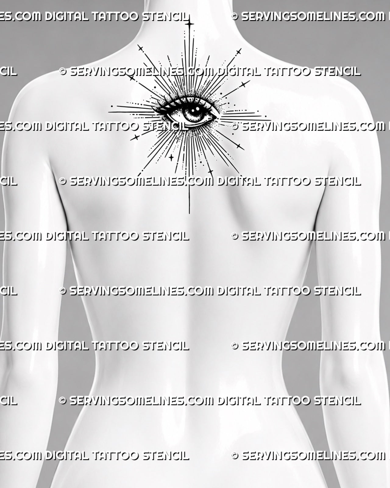 Celestial eye tattoo preview on upper back below the neck, with sacred rays, star details, dotted shading, and bold lashes.