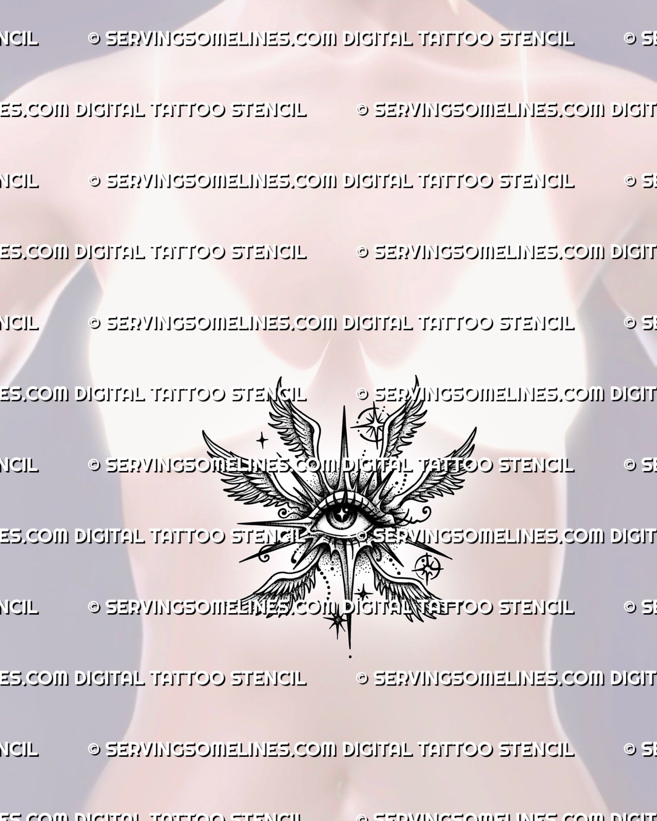 Celestial eye tattoo shown on womens stomach placement, with angel wings, star accents, and centered emblem shape. 