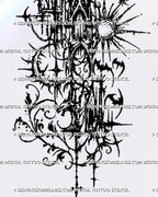 Printable celestial gothic tattoo stencil artwork showing a sun and crescent moon around abstract architectural fragments, with bats, dotted texture and scrollwork. 
