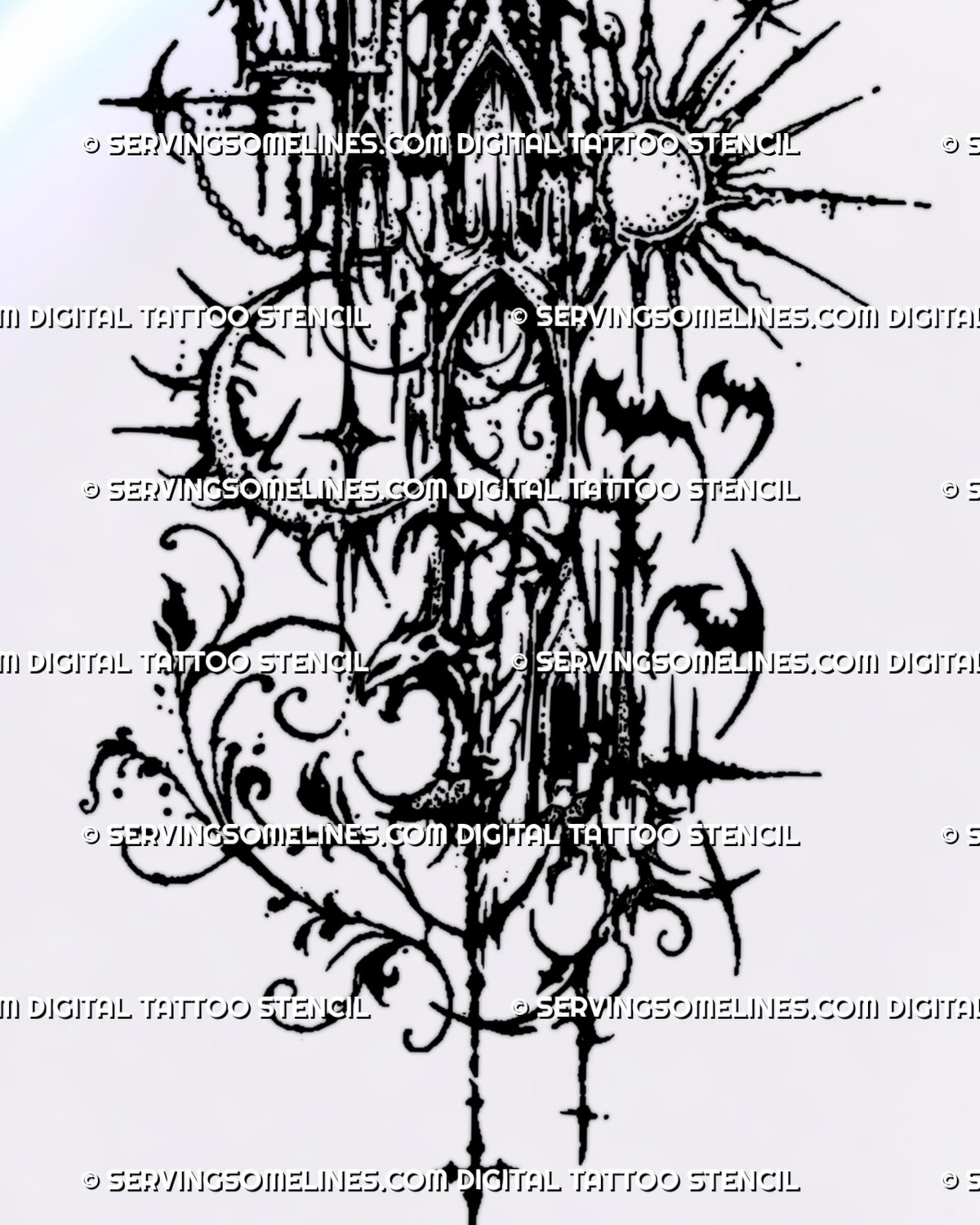 Printable celestial gothic tattoo stencil artwork showing a sun and crescent moon around abstract architectural fragments, with bats, dotted texture and scrollwork. 