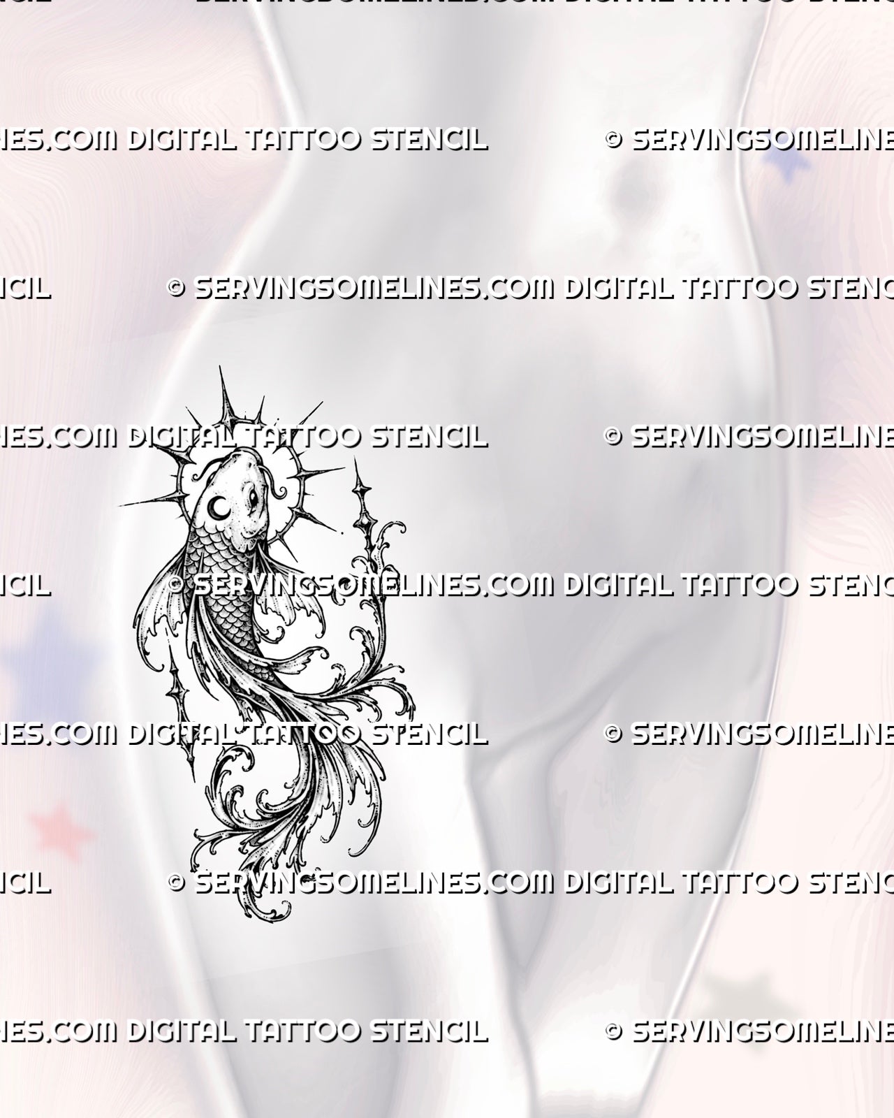 Celestial koi fish tattoo shown on a female hip with a crescent detail, pointed halo, suspended star ornaments, flowing fins, and delicate filigree linework