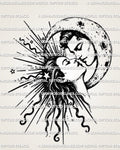 Celestial lovers tattoo stencil with sun and moon faces leaning into a near-kiss, crescent frame, rays, and stars.