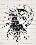 Celestial lovers tattoo stencil with sun and moon faces leaning into a near-kiss, crescent frame, rays, and stars.