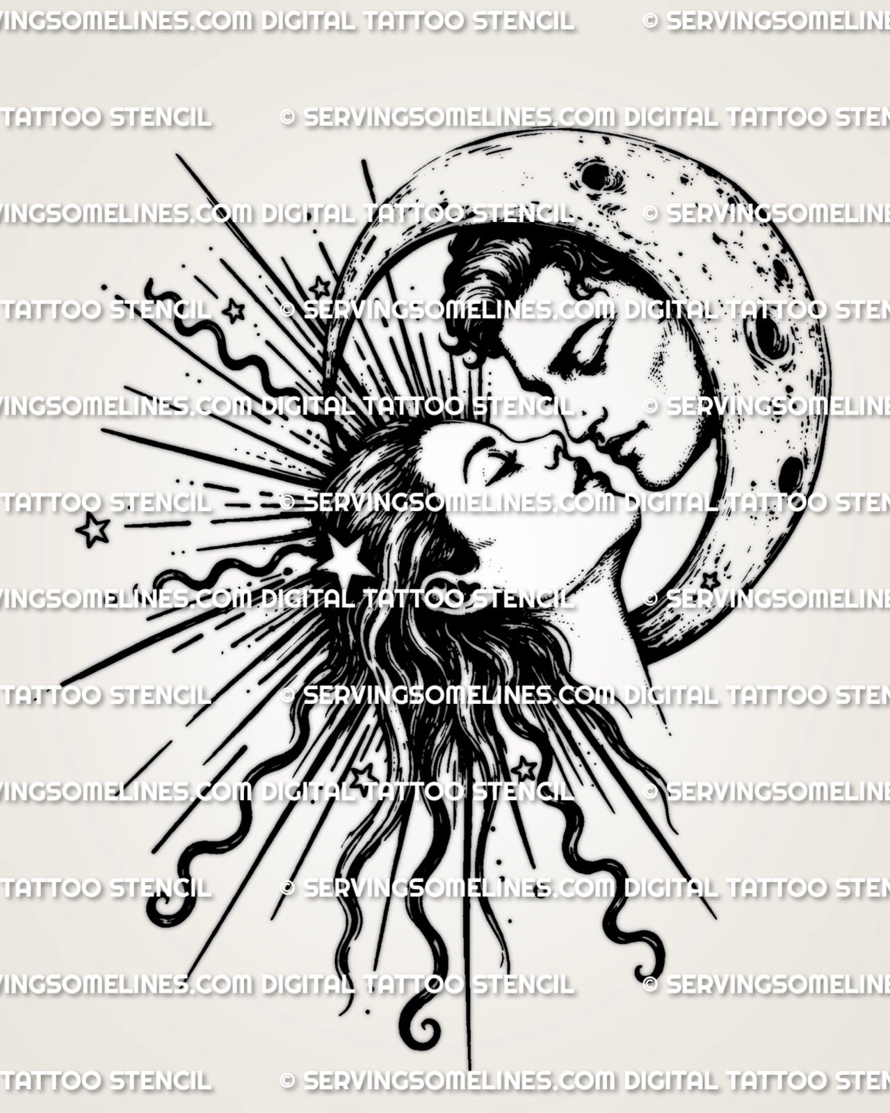 Celestial lovers tattoo stencil with sun and moon faces leaning into a near-kiss, crescent frame, rays, and stars.