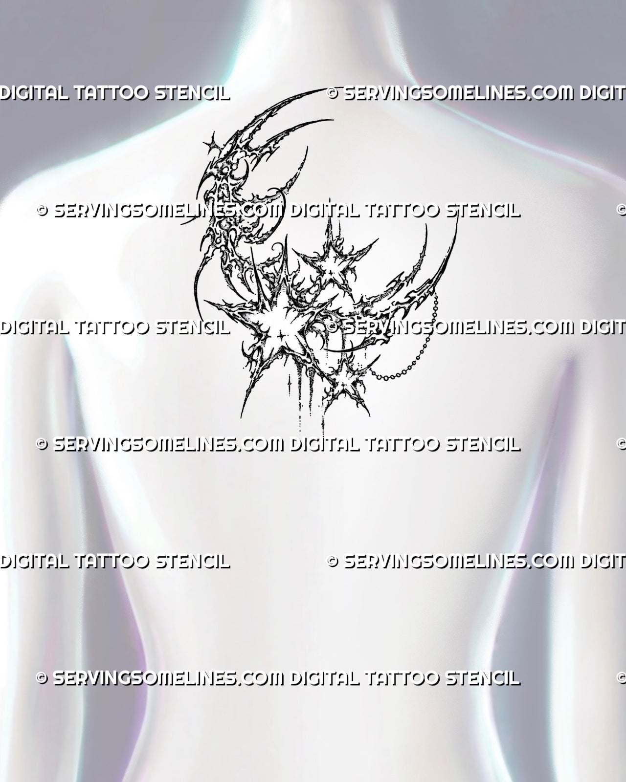 Celestial moon and stars tattoo stencil shown on upper back with crescent moon, starbursts, cyber sigil details, and ornamental flow