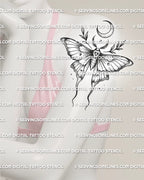 Celestial moth tattoo shown on womens arm placement, with crescent moon, soft shaded wings, and long lower wing tails. 