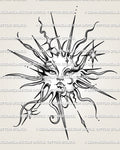 Celestial sun face tattoo stencil with crescent moon detail, star accents, flowing rays, and clean printable design file. 