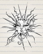 Celestial sun face tattoo stencil with crescent moon detail, star accents, flowing rays, and clean printable design file. 