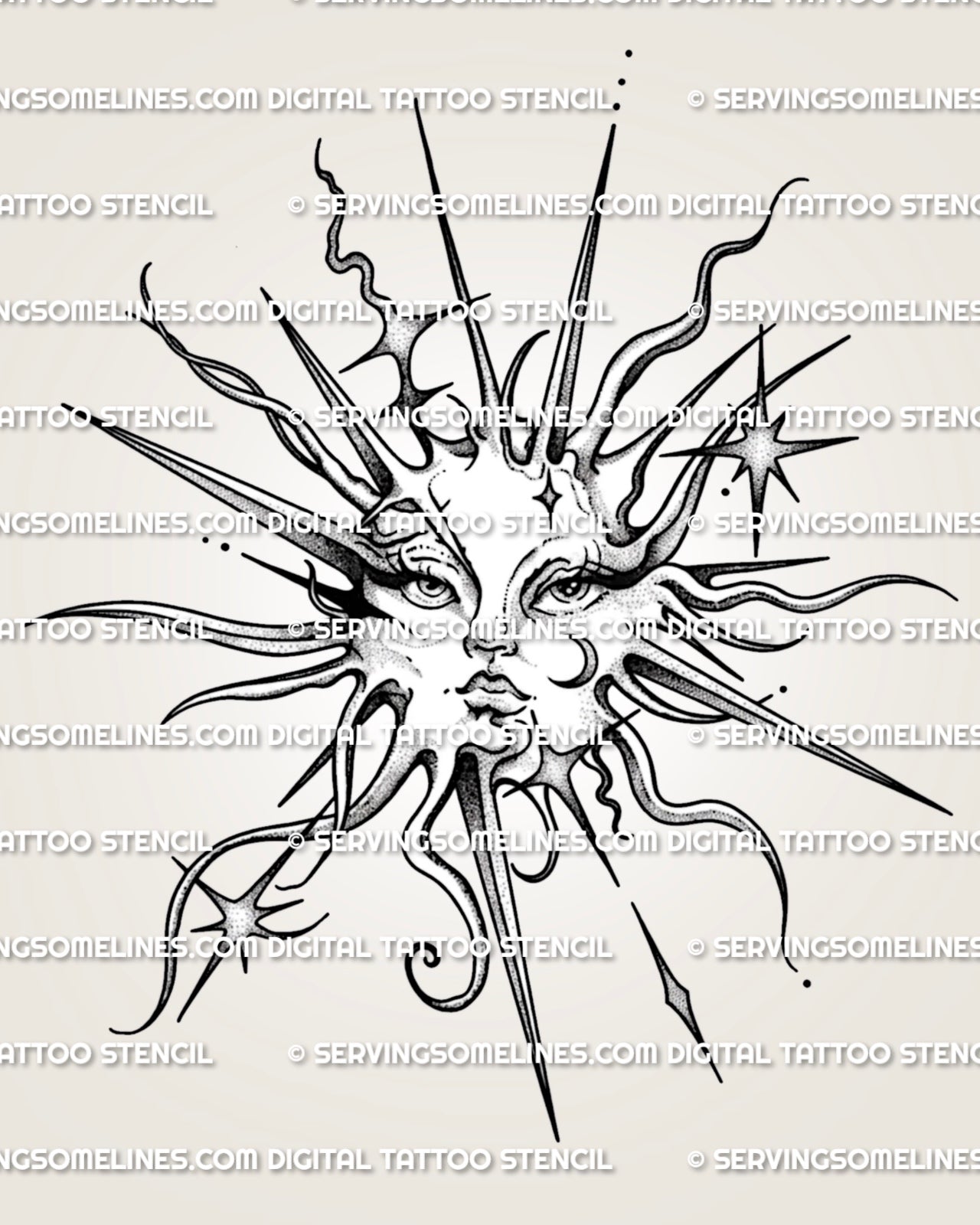 Celestial sun face tattoo stencil with crescent moon detail, star accents, flowing rays, and clean printable design file. 