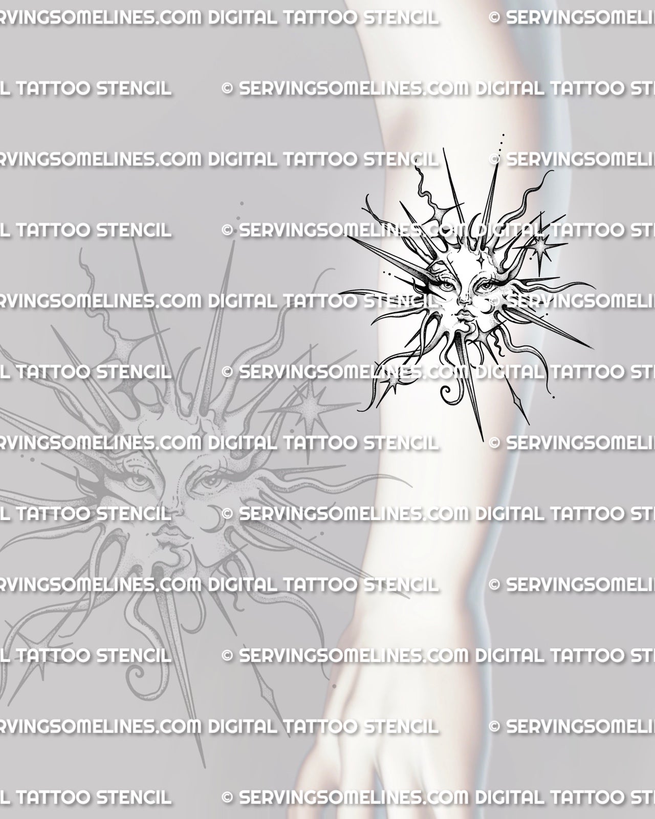Celestial sun tattoo displayed on forearm placement, with flowing rays, star accents, and clear sun face detail. 
