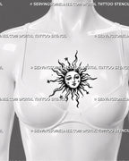 Celestial sun tattoo stencil shown on women’s sternum with old-world sun face, wavy rays, star details, and centered mystical tattoo layout