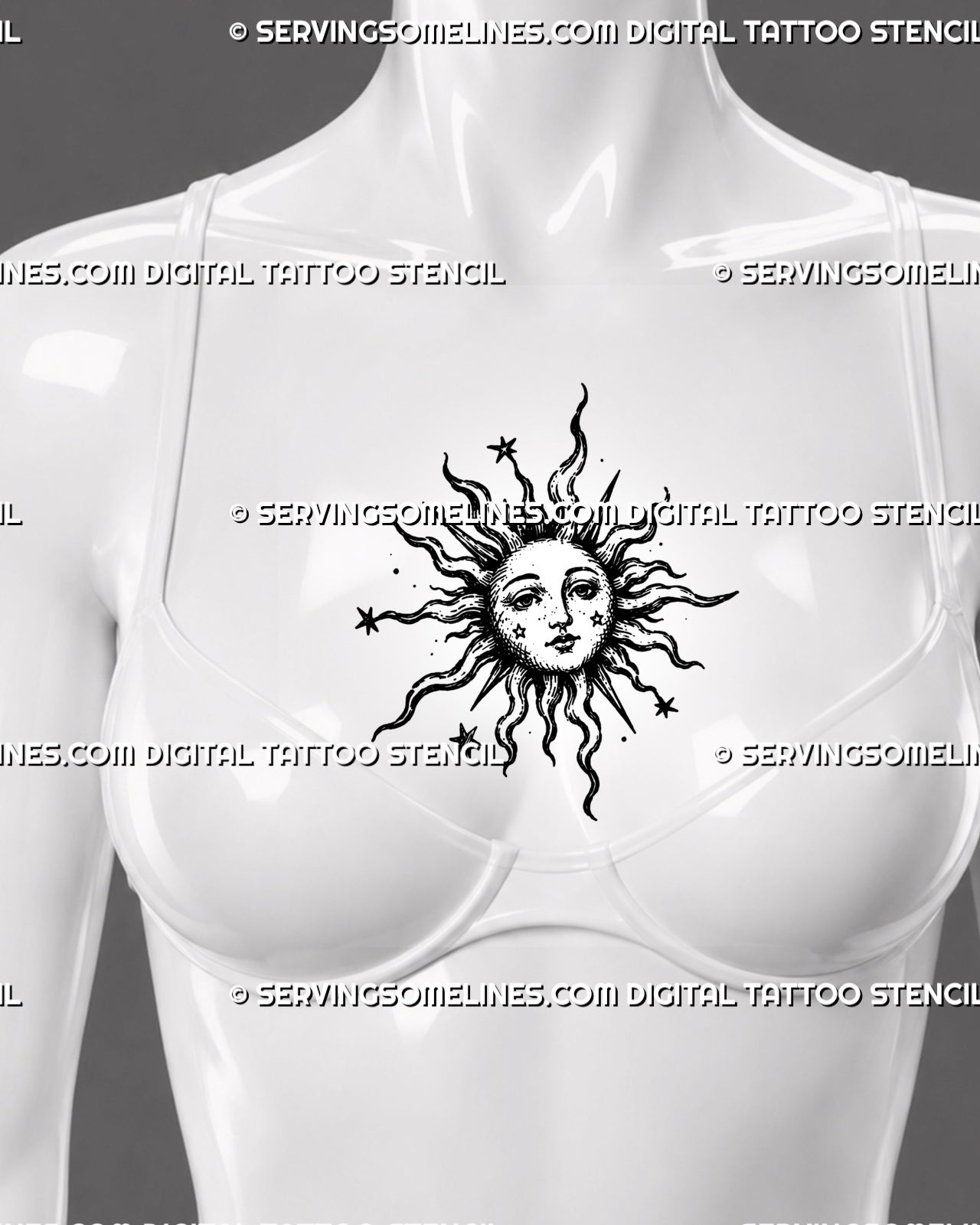 Celestial sun tattoo stencil shown on women’s sternum with old-world sun face, wavy rays, star details, and centered mystical tattoo layout