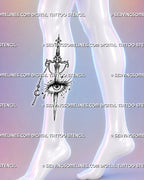 Celestial sword through eye tattoo shown on a woman’s outer calf with crescent moon chain, pointed star charm, tear, and mystical eye details