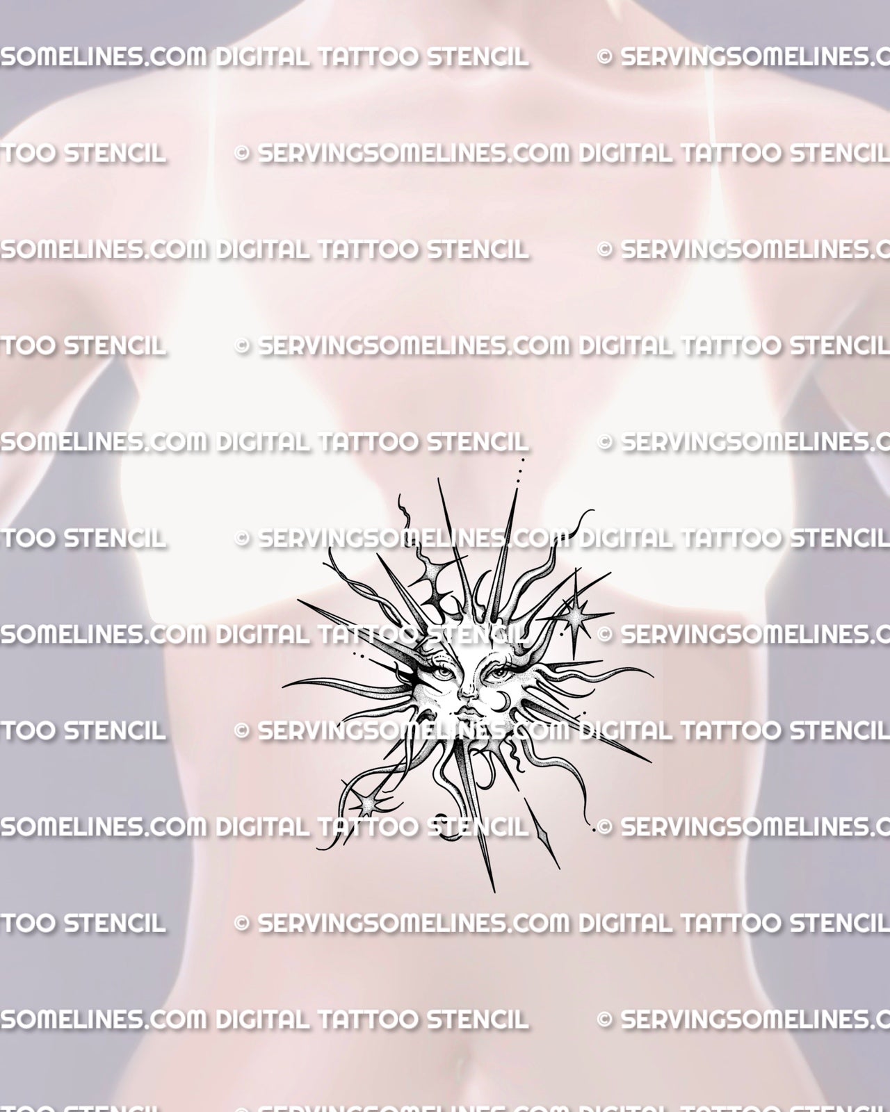 Celestial tattoo stencil shown on womens sternum placement, with sun face center, moon detail, stars, and balanced rays.