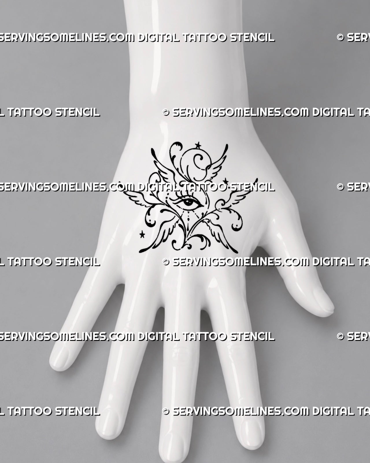 Celestial winged eye tattoo shown on the back of the hand with stylized seraphim wings, ornamental curls, stars, and open illustrative linework