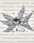 Celestial winged eye tattoo stencil with feathered wings, central eye, dot shading, star accents, and clean printable layout.