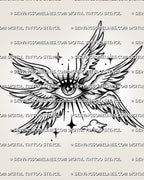 Celestial winged eye tattoo stencil with feathered wings, central eye, dot shading, star accents, and clean printable layout.