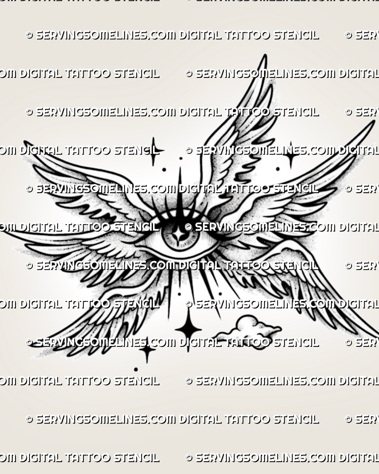 Celestial winged eye tattoo stencil with feathered wings, central eye, dot shading, star accents, and clean printable layout.