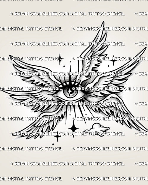 Celestial winged eye tattoo stencil with feathered wings, central eye, dot shading, star accents, and clean printable layout.