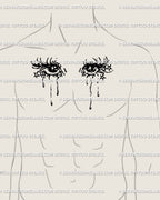 Male chest concept featuring a celestial crying eyes tattoo design centered between pectorals; bold symmetry, teardrops, and star accents for a dramatic look.