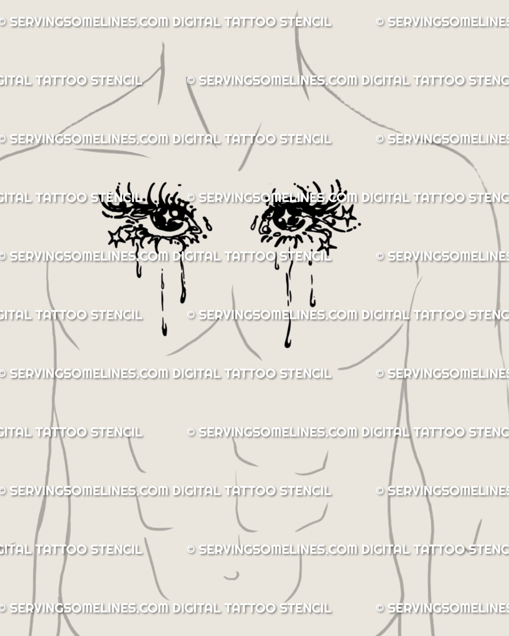 Male chest concept featuring a celestial crying eyes tattoo design centered between pectorals; bold symmetry, teardrops, and star accents for a dramatic look.