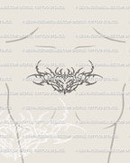 center chest tattoo mockup of ornamental heart emblem with cute goth feminine detailing and smooth linework for torso placement