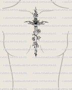 rose sword tattoo centered on chest shown as floral dagger with vines and decorative handle for sternum or upper chest placement
