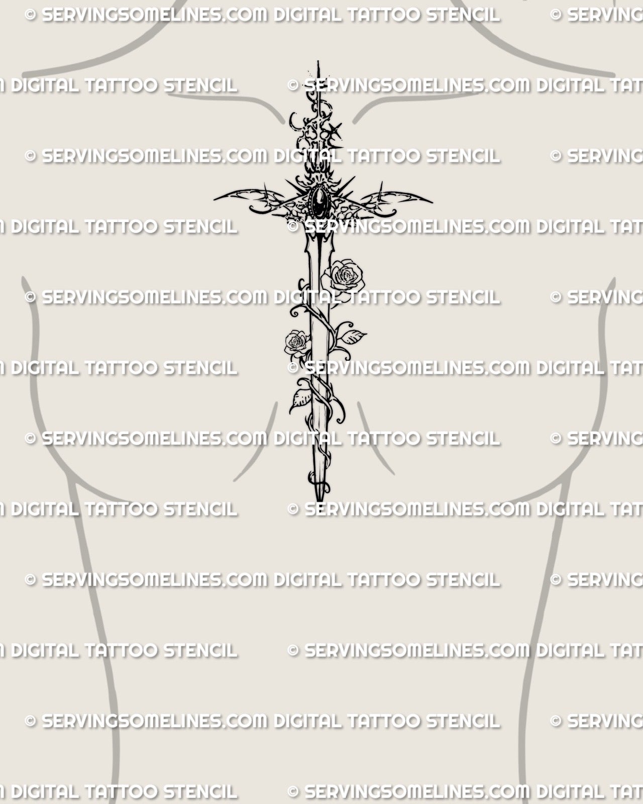 rose sword tattoo centered on chest shown as floral dagger with vines and decorative handle for sternum or upper chest placement
