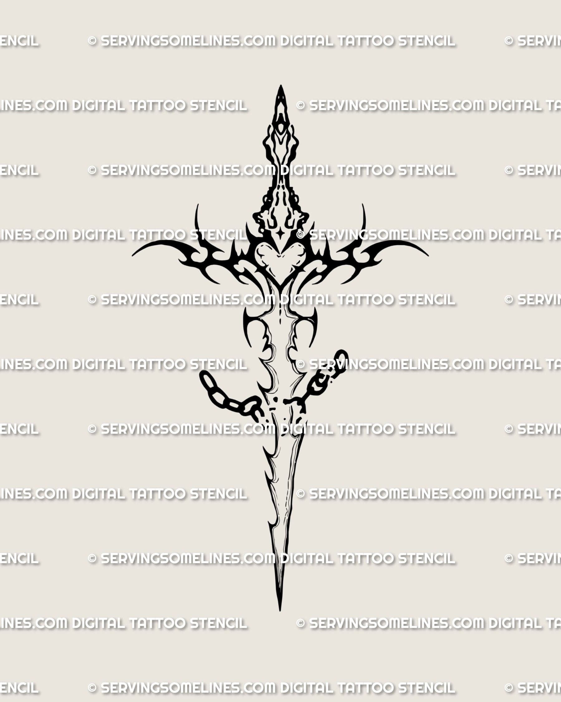chain breaker sword tattoo stencil with broken chain and heart hilt, symbolic sword tattoo design for strength and freedom 