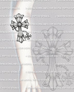 Chain cross tattoo stencil shown on forearm placement, with hanging charm, silver-style shading, and readable vertical shape.