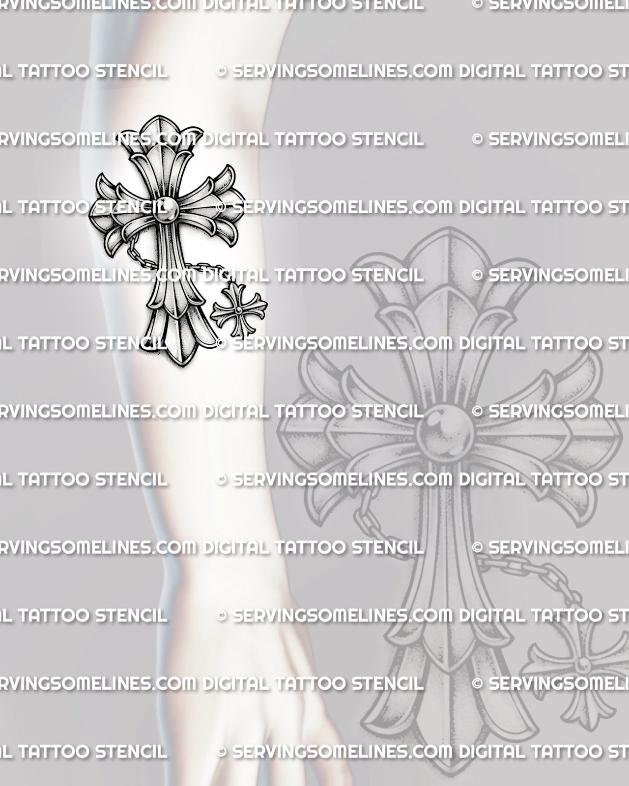 Chain cross tattoo stencil shown on forearm placement, with hanging charm, silver-style shading, and readable vertical shape.