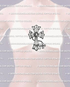 Chain cross tattoo stencil shown on womens sternum placement, with hanging cross charm and polished gothic cross detail. 