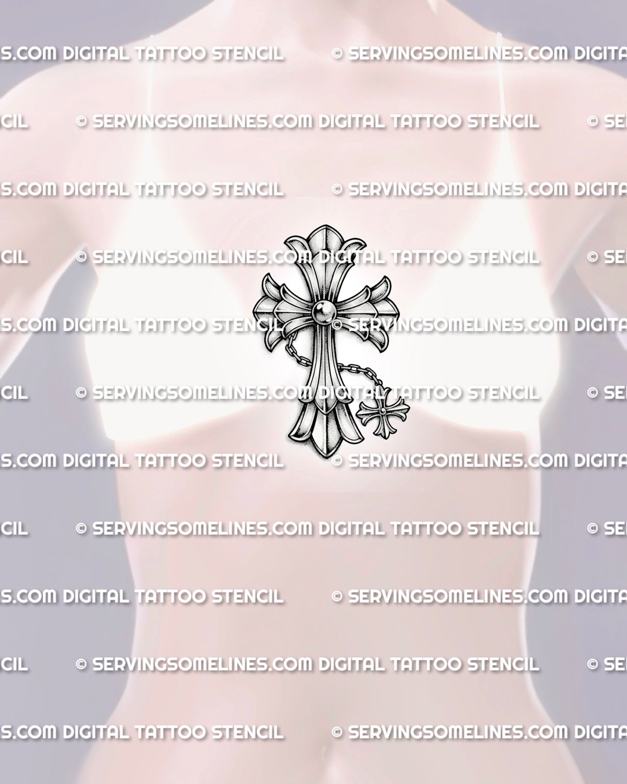 Chain cross tattoo stencil shown on womens sternum placement, with hanging cross charm and polished gothic cross detail. 