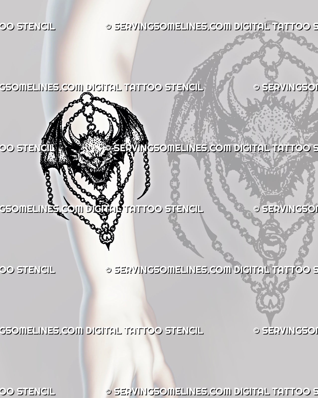 Chained demon tattoo stencil shown on forearm with horned face, bat wings, hanging chain detail, and dark medieval flash style
