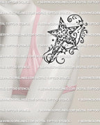 Cheetah print star tattoo shown on womens arm placement, with Y2K swirls, small stars, and readable stencil detail.