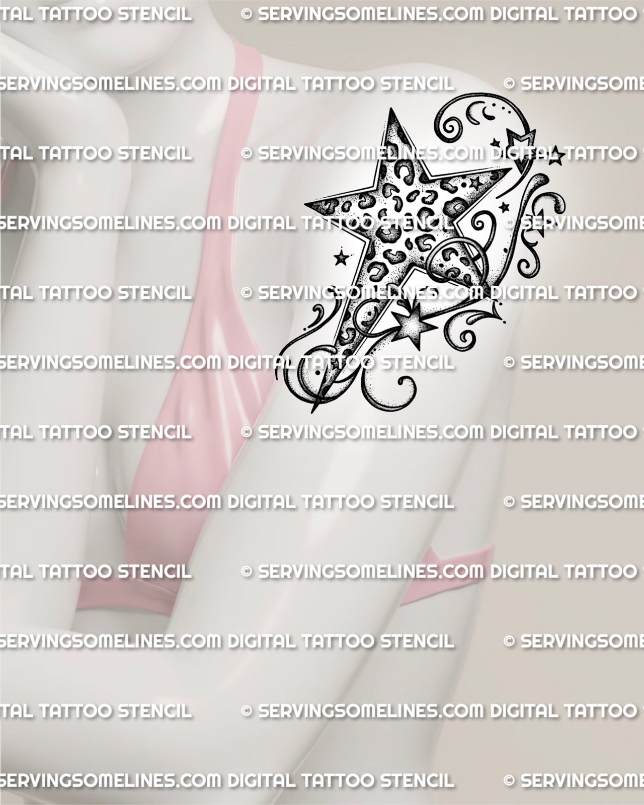 Cheetah print star tattoo shown on womens arm placement, with Y2K swirls, small stars, and readable stencil detail.