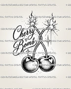 Cherry bomb tattoo stencil with twin cherries, burning fuse stems, flames, explosive sparks, bold lettering, heart highlights, and stippled shading