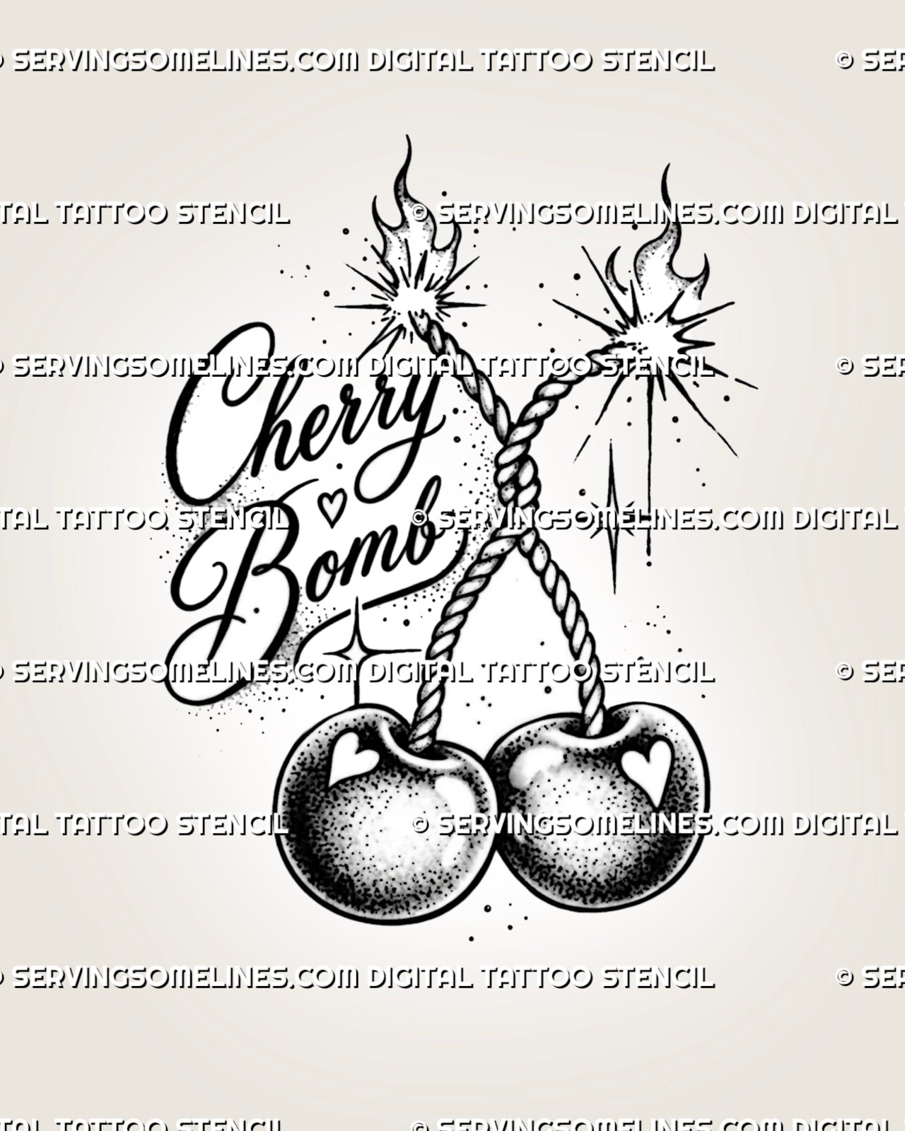 Cherry bomb tattoo stencil with twin cherries, burning fuse stems, flames, explosive sparks, bold lettering, heart highlights, and stippled shading