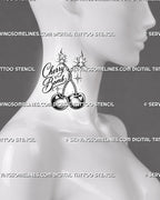 Cherry bomb tattoo stencil shown on the side of the neck with compact twin cherries, burning fuse tips, explosive sparks, lettering, and playful retro detail