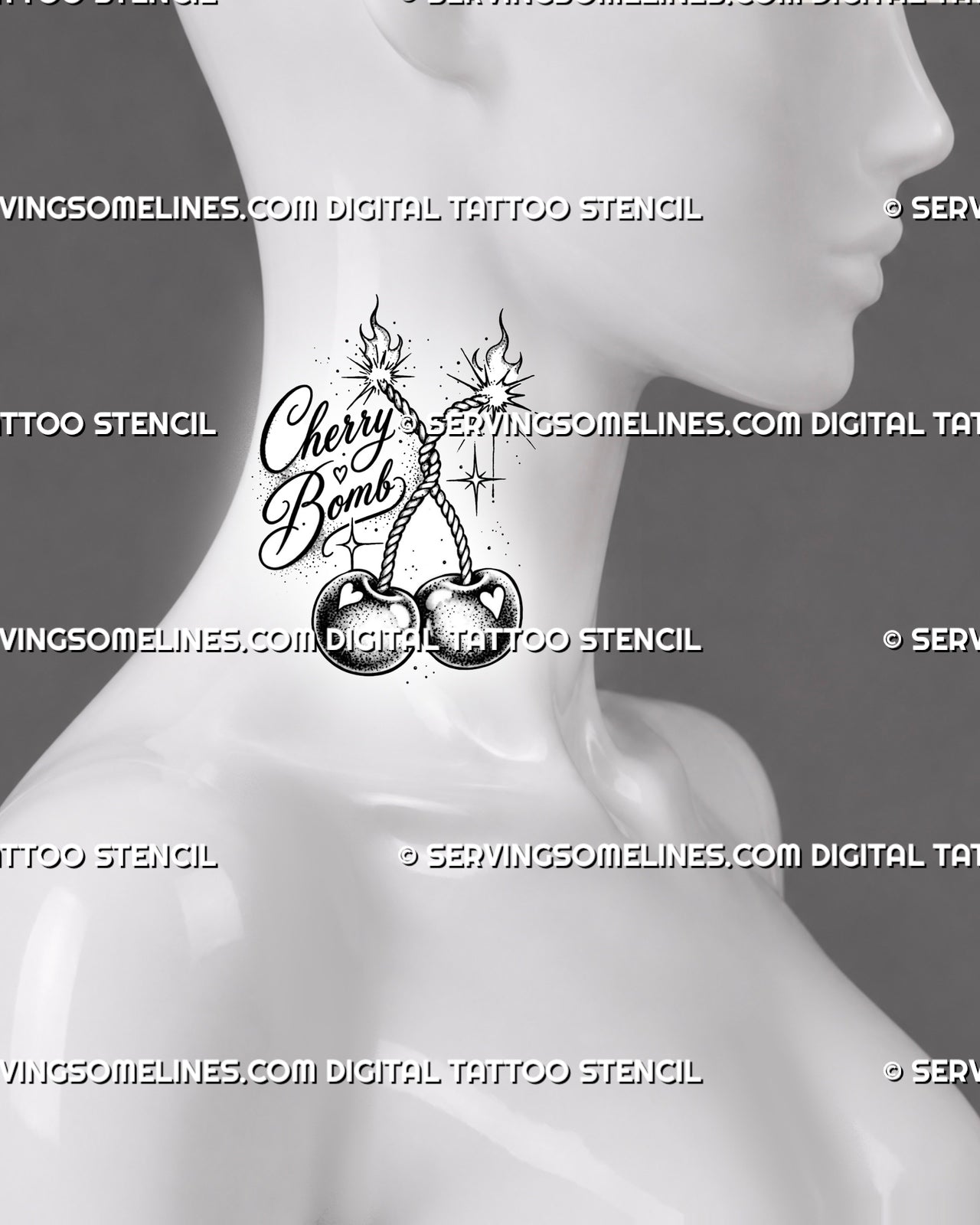 Cherry bomb tattoo stencil shown on the side of the neck with compact twin cherries, burning fuse tips, explosive sparks, lettering, and playful retro detail
