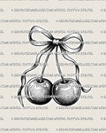 Cherry bow tattoo stencil with two shaded cherries, ribbon detail, and black and white coquette cherry design.
