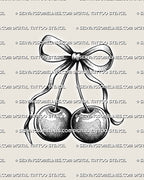 Cherry bow tattoo stencil with two shaded cherries, ribbon detail, and black and white coquette cherry design.