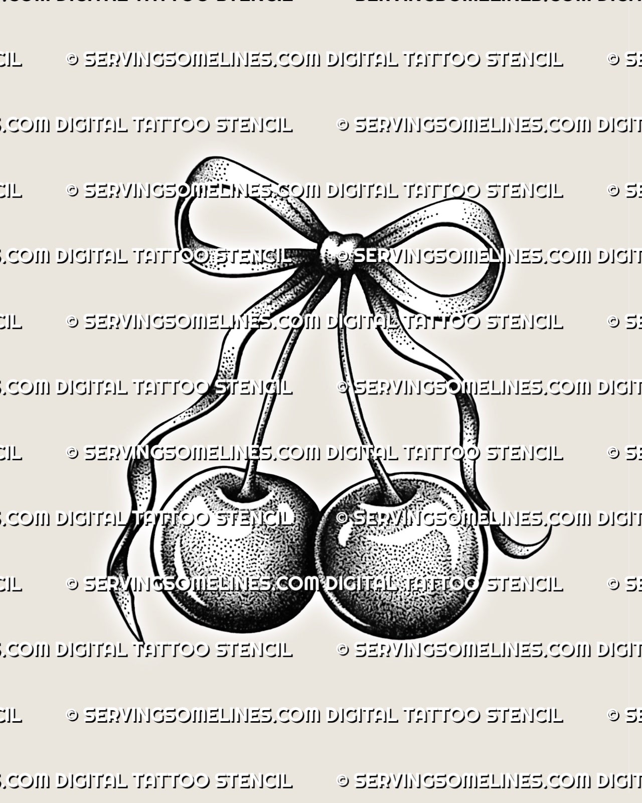 Cherry bow tattoo stencil with two shaded cherries, ribbon detail, and black and white coquette cherry design.