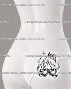 Cherry heart tattoo stencil shown on female lower back side with heart-shaped cherries, flame details, curved stems, sparkles, and cute gothic cherry tattoo style