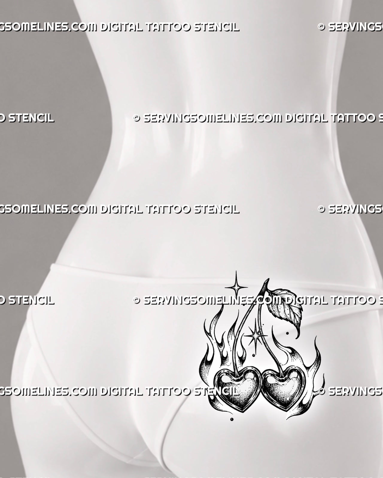 Cherry heart tattoo stencil shown on female lower back side with heart-shaped cherries, flame details, curved stems, sparkles, and cute gothic cherry tattoo style