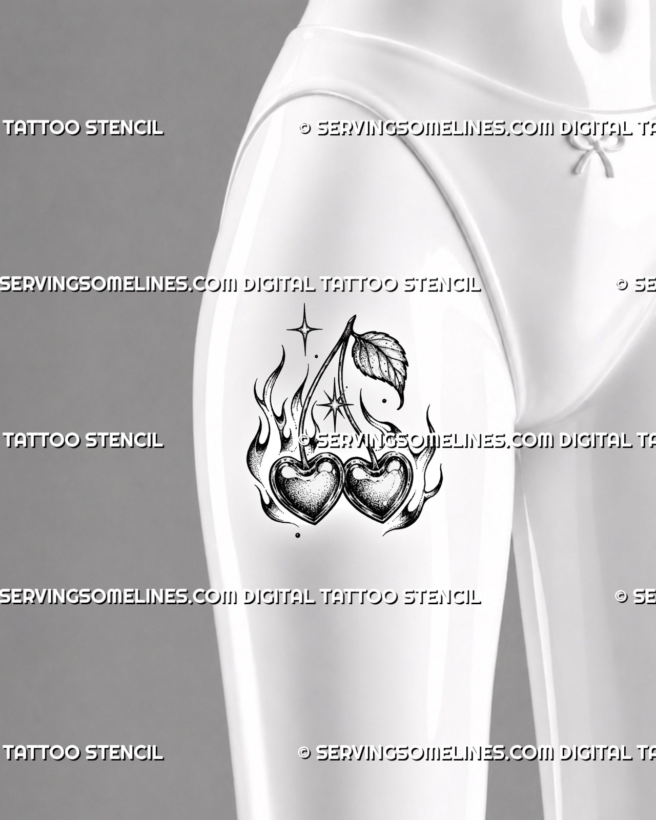 Cherry heart tattoo stencil shown on female thigh with heart-shaped cherries, gothic flames, sparkle accents, leaf detail, and bold Y2K fruit tattoo design